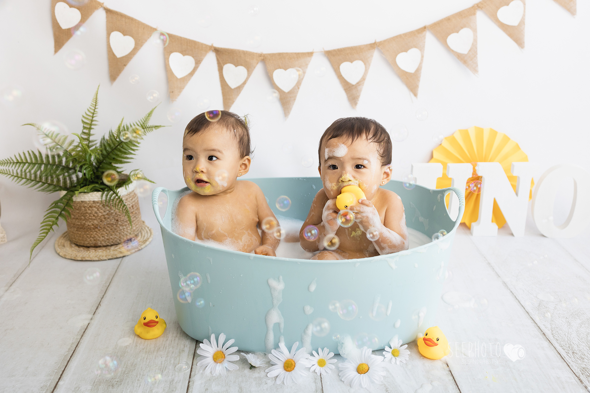 reportaje-fotos-primer-año-gemelas-pastel-bañera-estudio-granollers