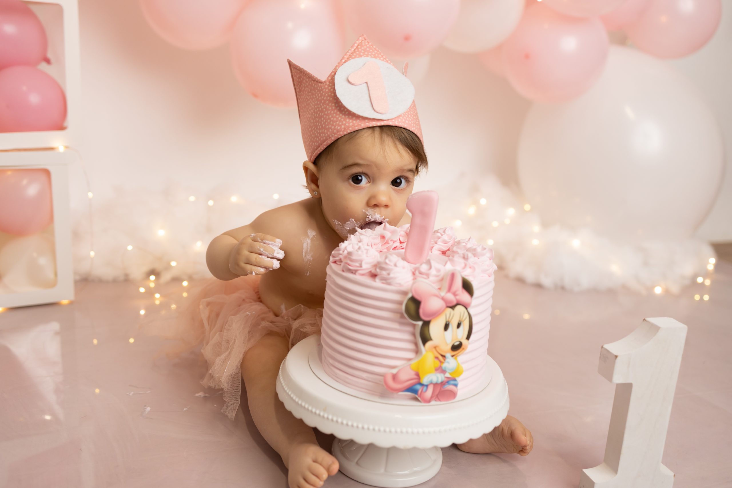 Reportaje de fotos mi primer cumpleaños con pastel de minnie mouse